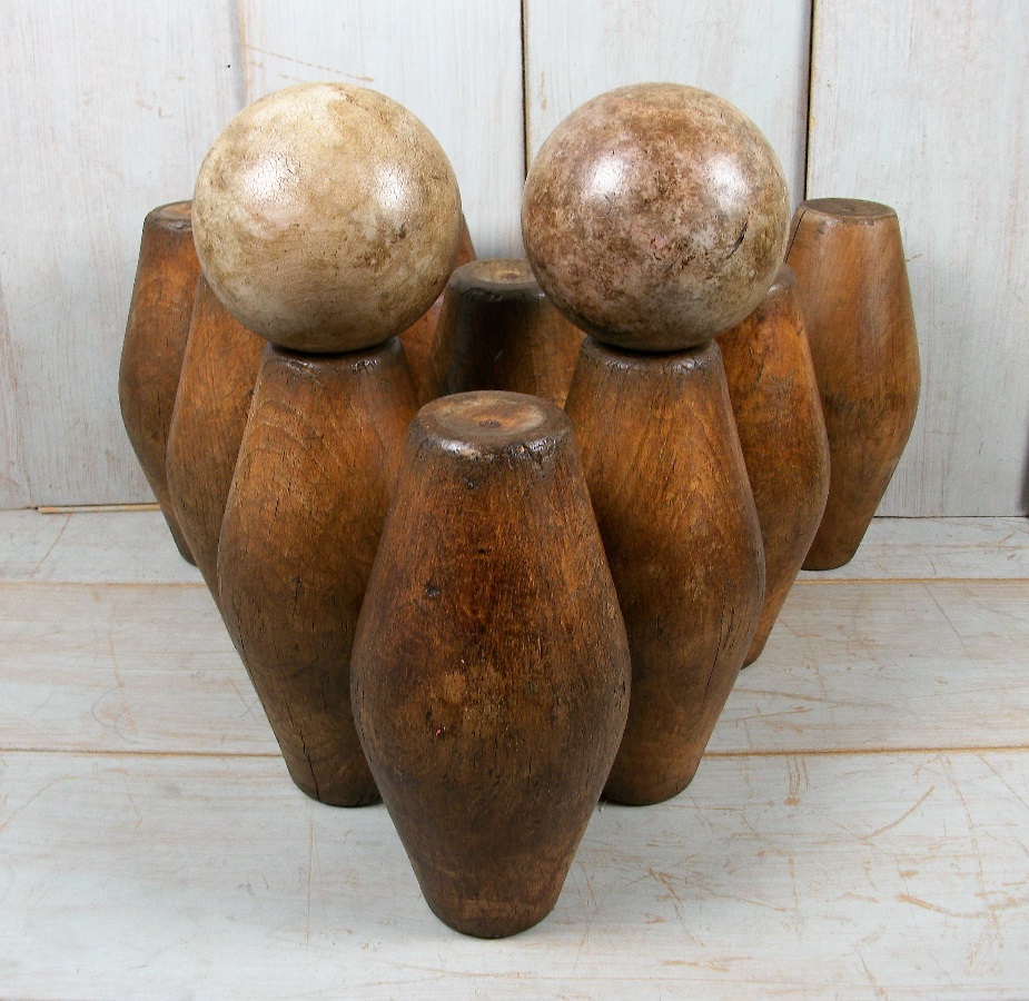 complete set of ten antique oak garden Skittles